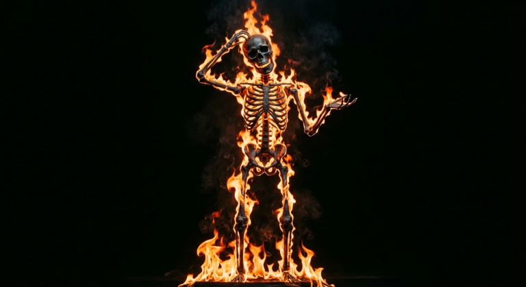 firefly gemini flash make an image of a confused skeleton that's on fire. black background 816787